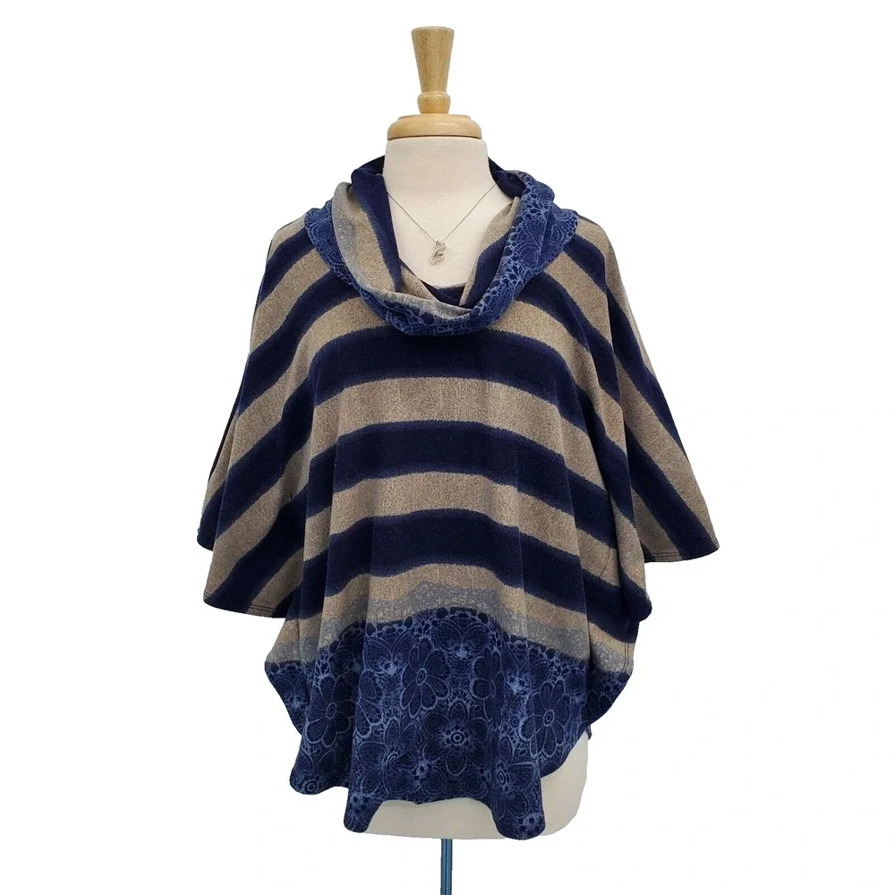 Roz & Ali Womens 1X Blue Beige Striped‎ Cowl Neck Poncho Top Boho Knit Lace Hem